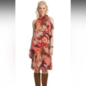 Trina Turk Becoming Silk Blend Neck Sash Paisley Floral  Mod Retro Hippie Dress